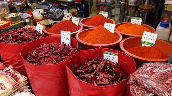 Red chili peppers for sale at a market in Seoul