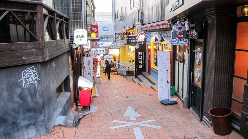 Alleyway leading downhill to Itaewon Station in Seoul