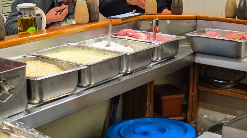 Breading station prior to frying at Myeongdong Tonkatsu in Seoul