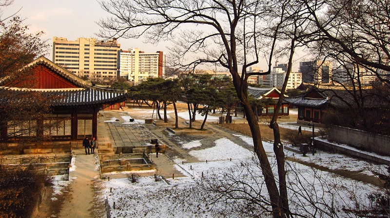 Changgyeonggung Palace covered in snow during the winter