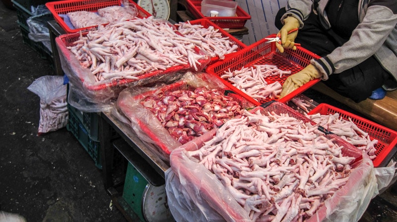 Chicken feet and other organs for sale at Seoul Jungang Market