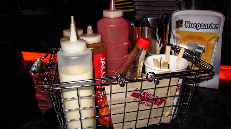 Assortment of condiments at Jacoby's Burger