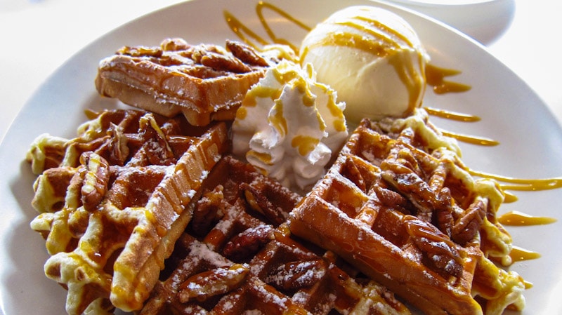 Waffles with pecans and a scoop of ice cream at D'Avant