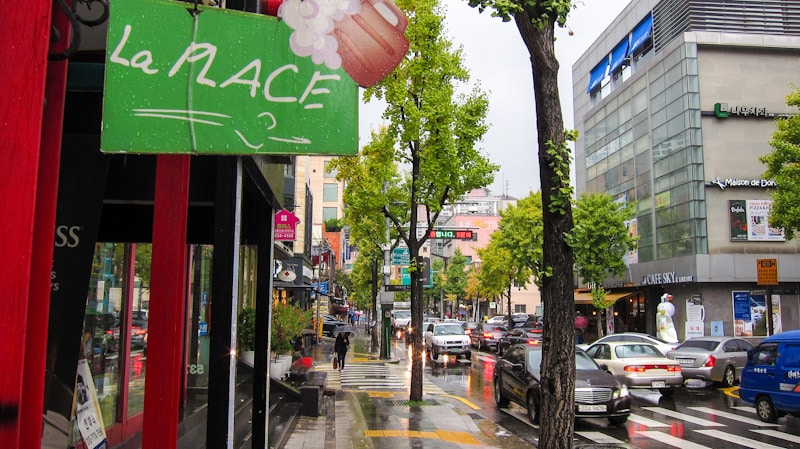 French shops in the middle of Seoul in Seorae Maeul (Seorae Village) on a rainy day