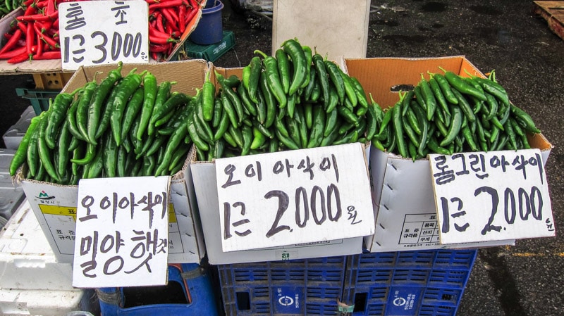 Fresh green chilies for sale at Garak Mall in Seoul