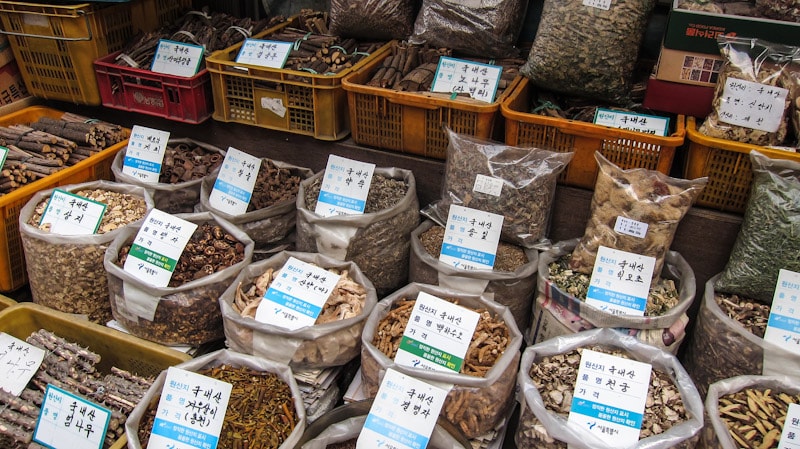 Unique dried herbs, spices, and barks for sale at the Seoul Yangnyeong Oriental Medicine Market