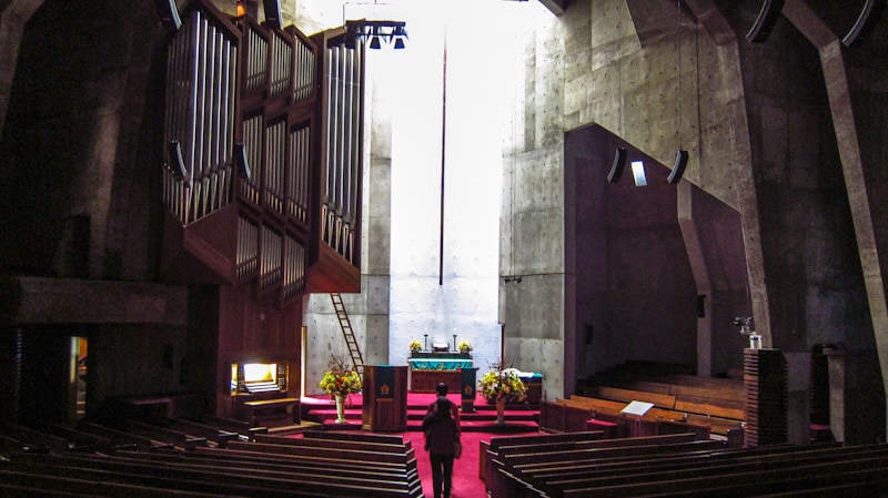 Dark interior of Kyungdong Presbyterian Church in Seoul, South Korea