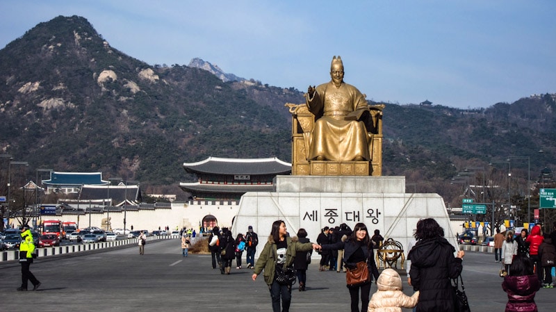Statue of King Sejong and Gwanghwamun Gate at Gwanghwamun Square in Seoul