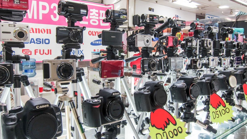 Many types of digital cameras and video cameras for sale at the Yongsan Electronics Market