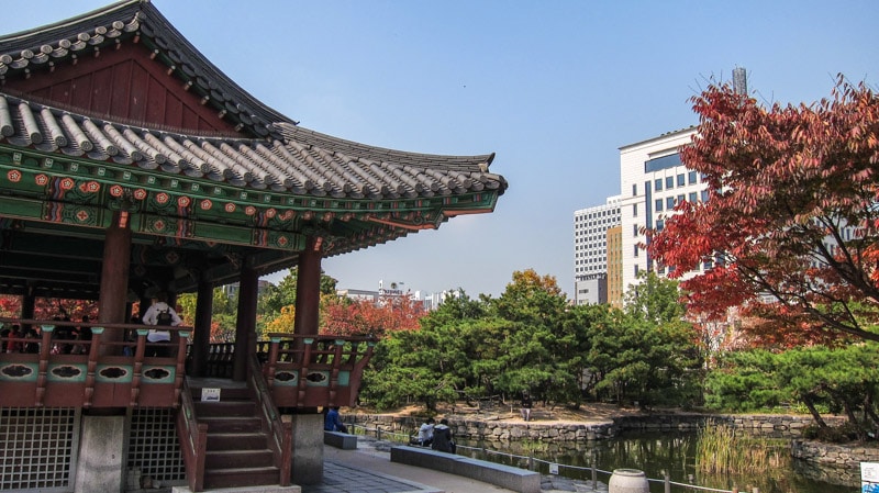 Pavilion on the pond at Namsangol Hanok Village in Seoul