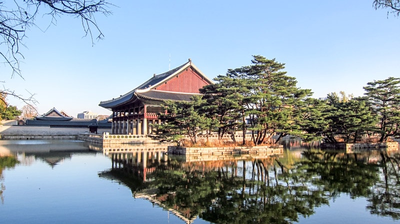 Man made pond surrounding Gyeonghoeru Pavilion at Gyeongbokgung Palace in Seoul