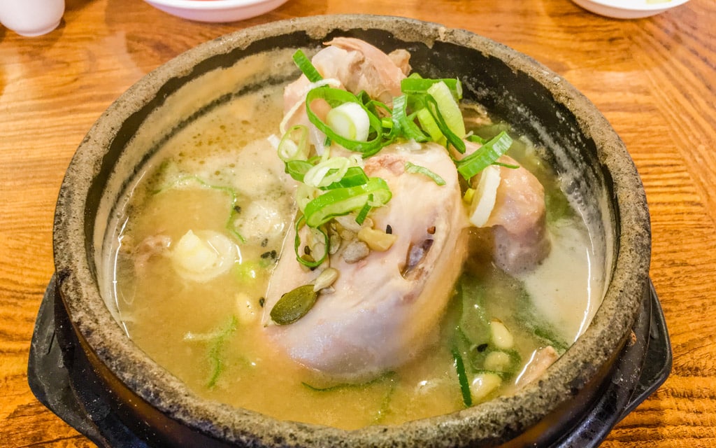 The most popular dish, samgyetang (chicken ginseng soup) at Tosokchon, Seoul