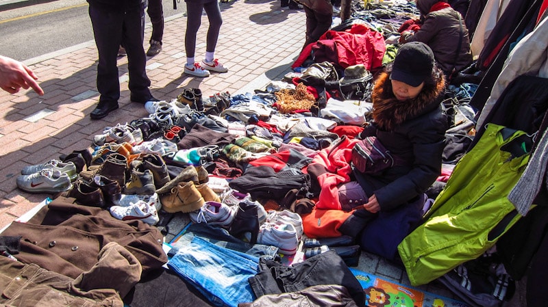 Second hand clothes and shoes for sale at the Seocho Saturday Flea Market