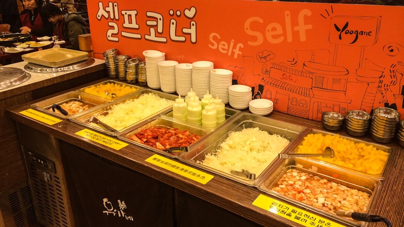 Self serve station for kimchi, shredded cabbage, and cold soup