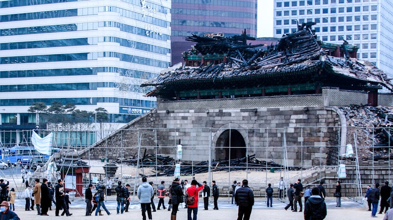 Sungnyemun Gate (Namdaemun Gate) after being destroyed by a fire in 2008