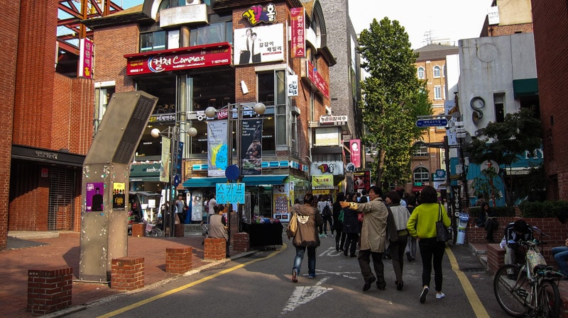 Vibrant and youthful streets of Daehangno in Seoul lined with theaters and restaurants