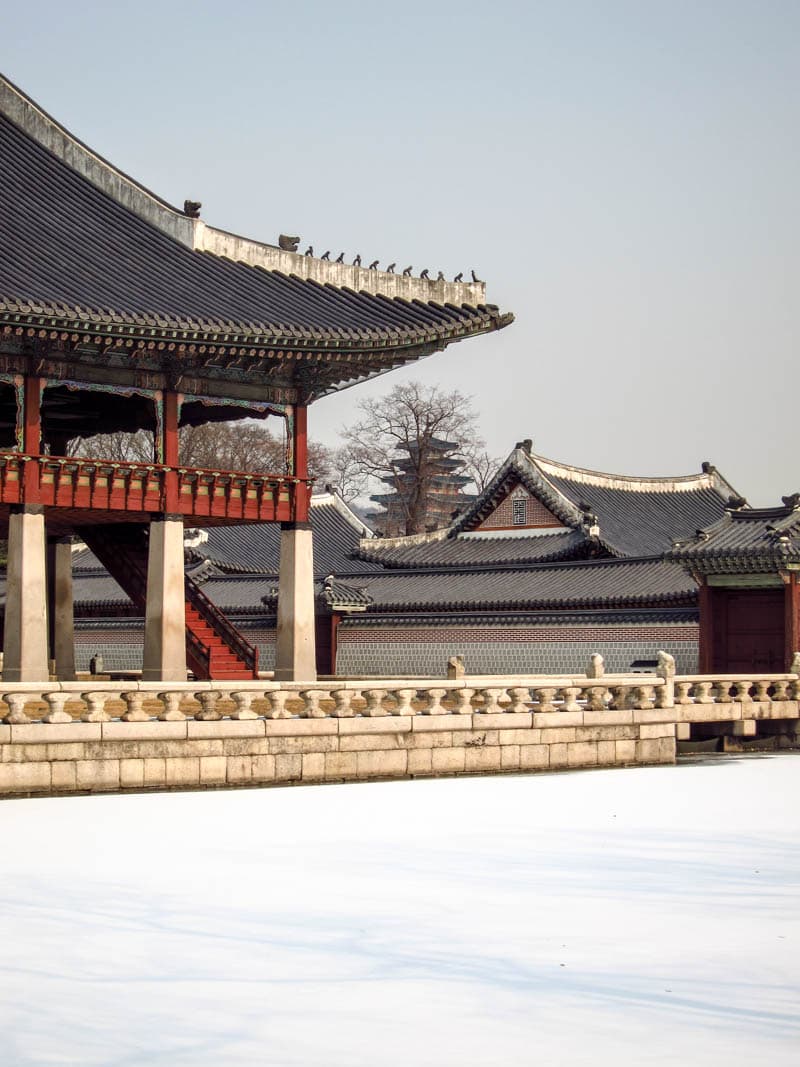 A view of Gyeongbokgung Palace grounds from Gyeonghoeru Pavilion