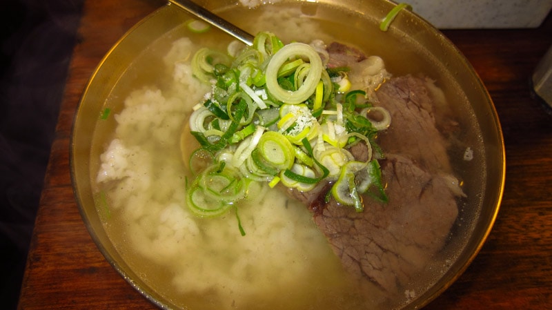 Gomtang: broth, beef, green onions, salt, and a lot of rice