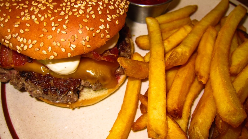 Sesame bun on the C.R.E.A.M. burger along with french fries at Brooklyn The Burger Joint in Seoul
