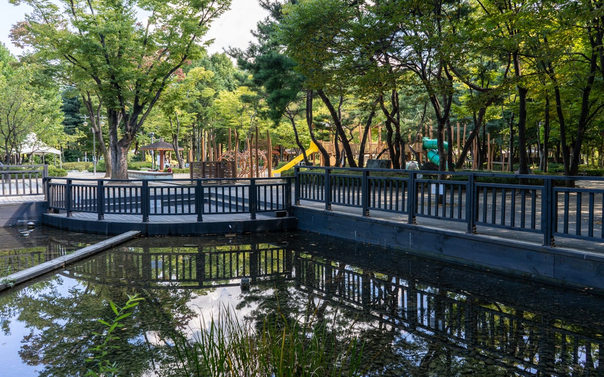 Small pond with a children's playground in the background