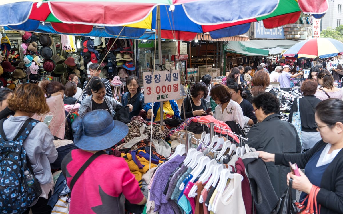 Shoppers hunting for clothing bargains, Namdaemun Market, Seoul
