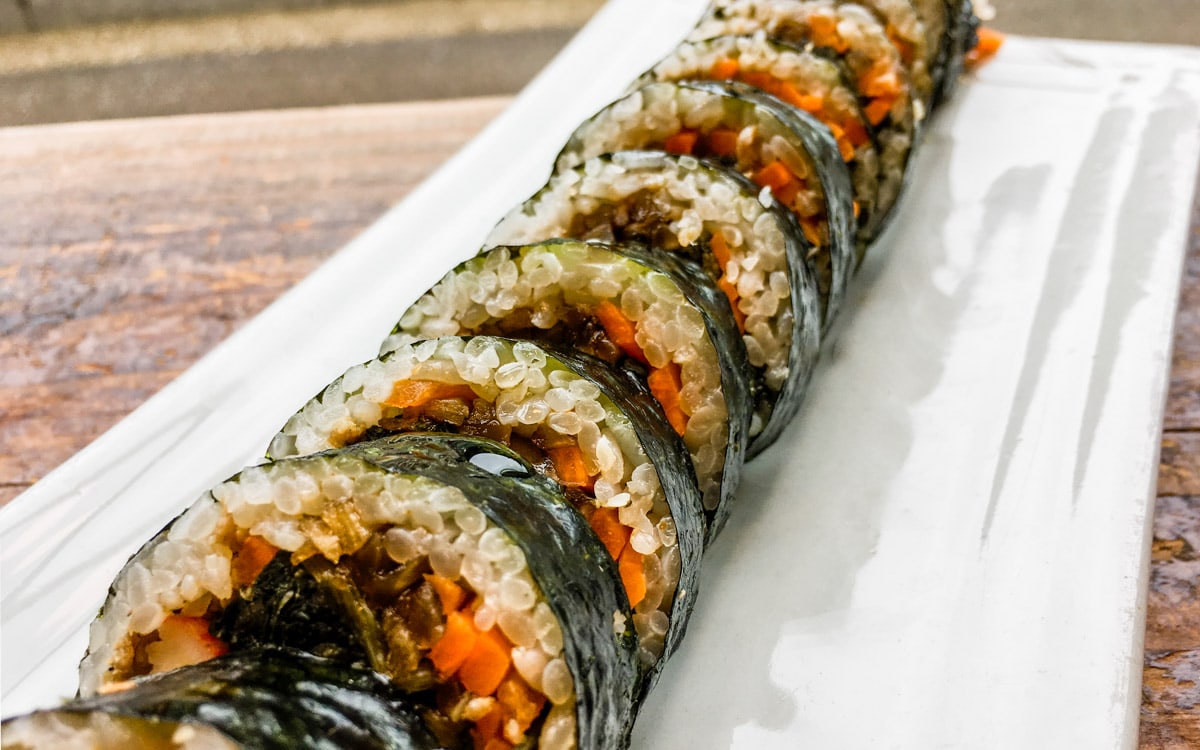 Gimbap or kimbap is rice rolled in seaweed, Seoul, Korea