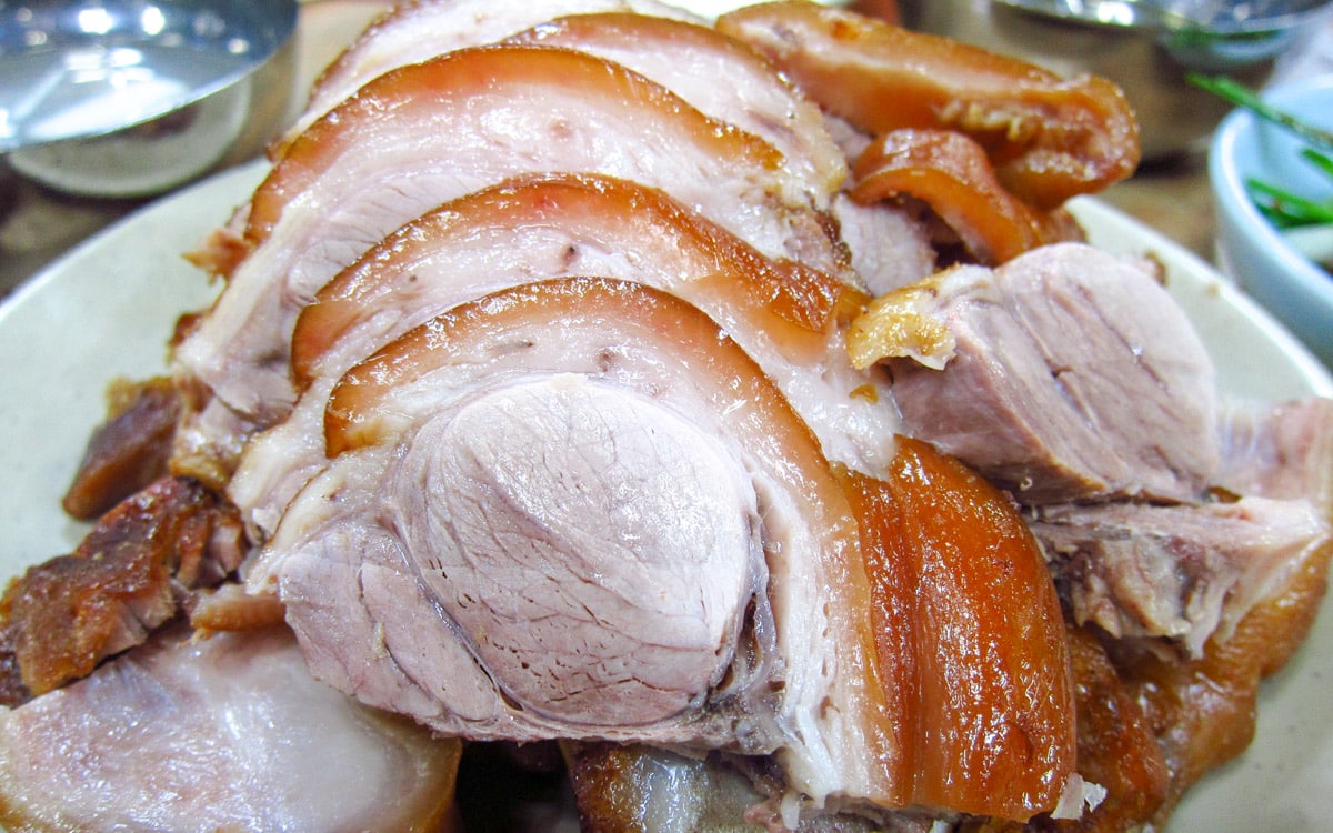 Jokbal, or sliced pigs' feet, seen here in soy sauce and spices, Seoul, Korea