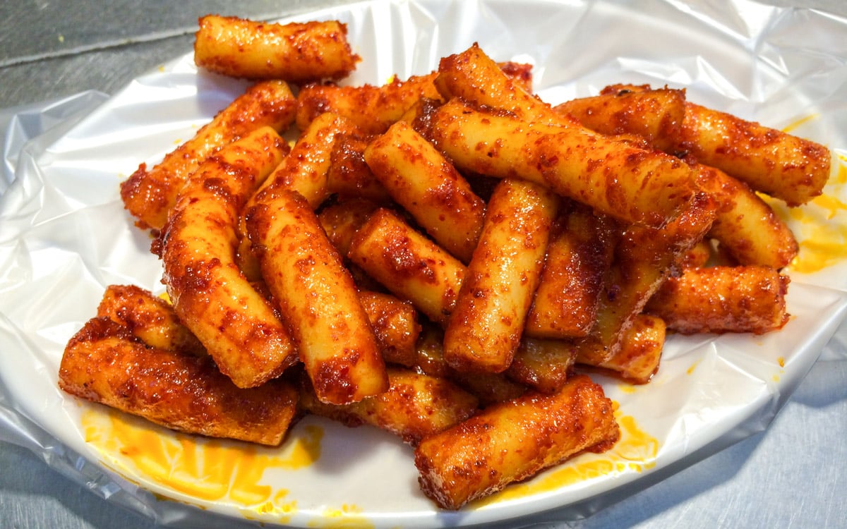 Close up of the spicy, crunchy, and tasty tteokbokki found at the market, Tongin Market, Seoul, Korea