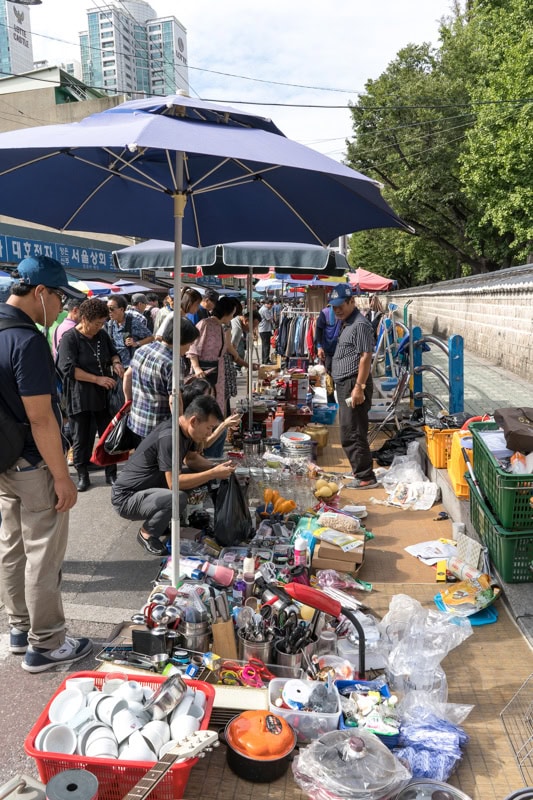 Kitchen items including pots for sale at Dongmyo Flea Market