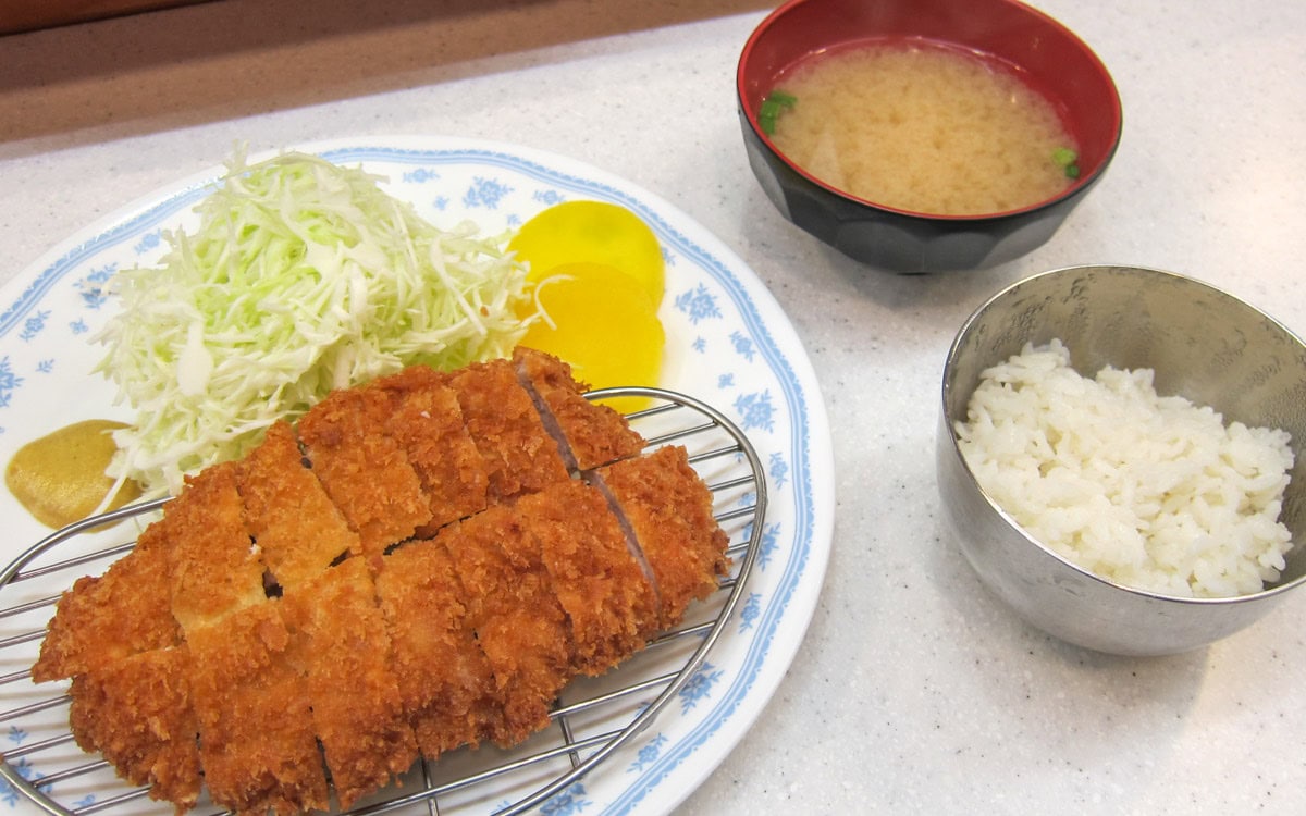 Tenderloin Pork Cutlet Set with rice, miso soup, cabbage, pickles, and mustard at Myeongdong Tonkatsu in Seoul
